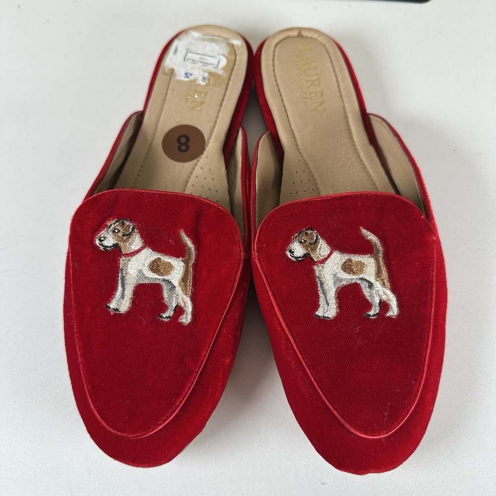 NEW Lauren Ralph Lauren Alaina Dogs Red Velvet Embroidered Mules Womens 8B Flats - Picture 2 of 7